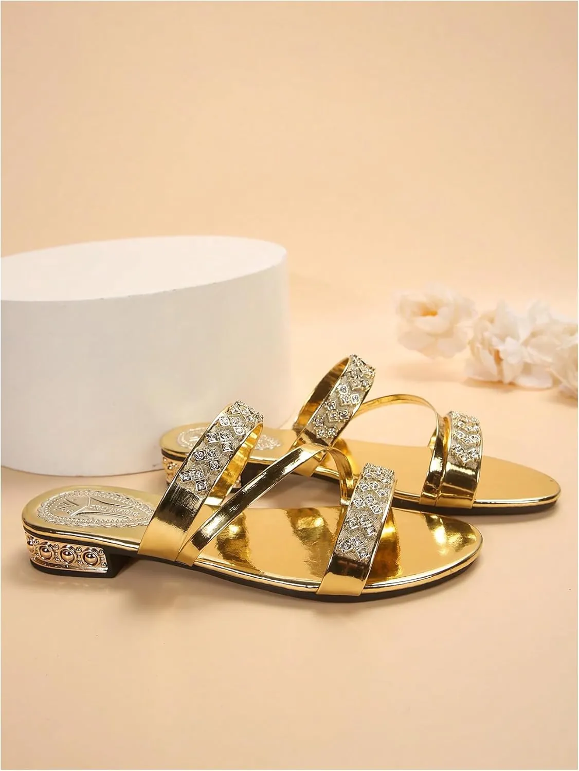 OYOANGLE Women's Metallic Rhinestone Strappy Sandals Open Toe Slip On Flat Sandals Casual Trendy Slippers