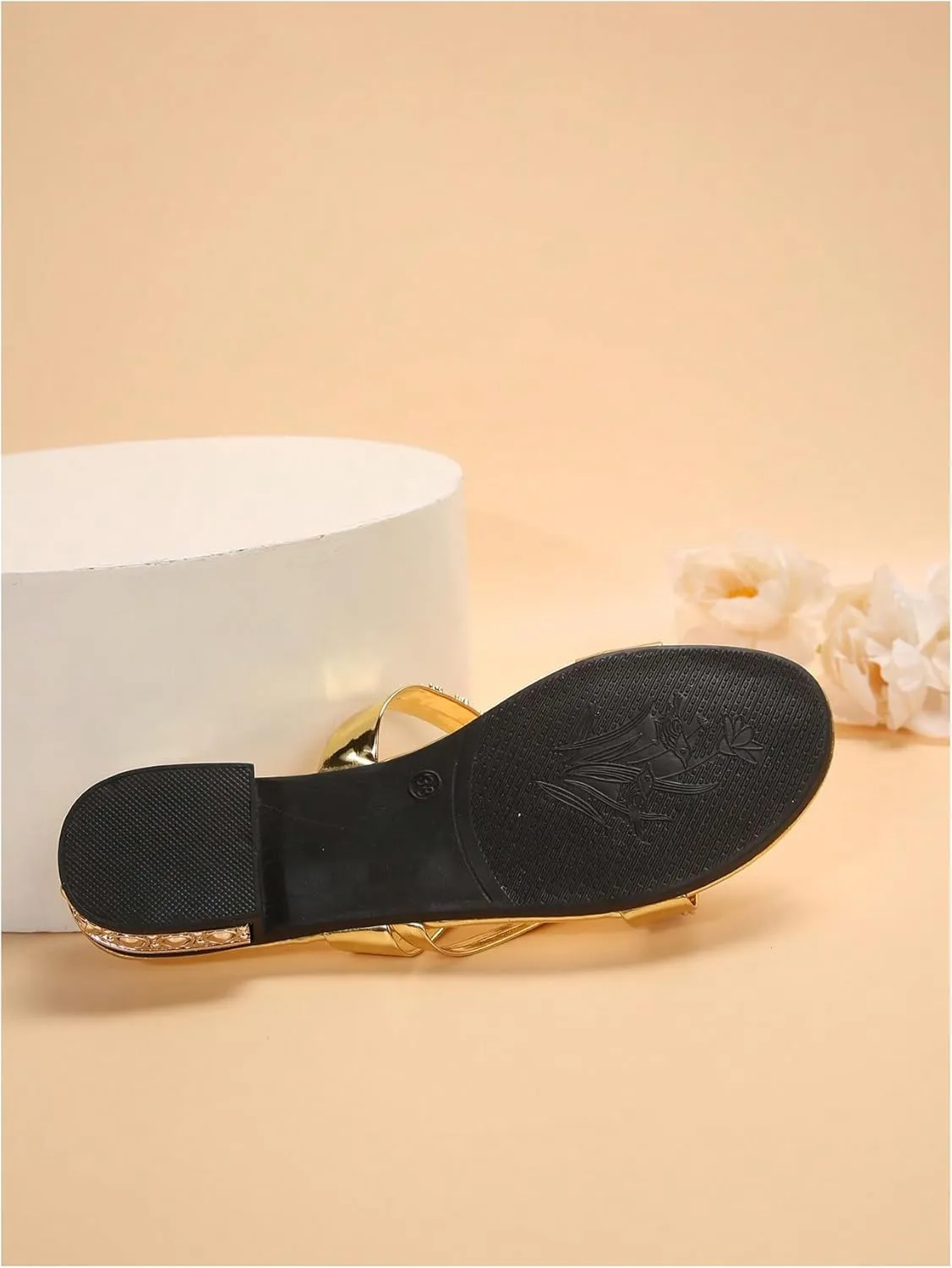 OYOANGLE Women's Metallic Rhinestone Strappy Sandals Open Toe Slip On Flat Sandals Casual Trendy Slippers