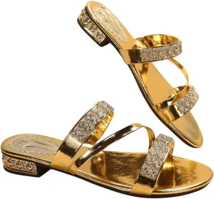 OYOANGLE Women's Metallic Rhinestone Strappy Sandals Open Toe Slip On Flat Sandals Casual Trendy Slippers