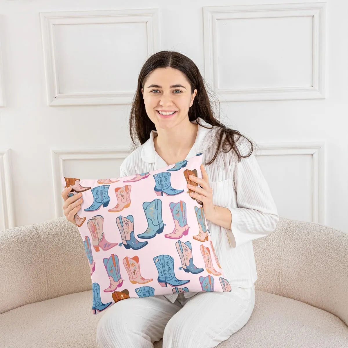 Pack of 4 Cartoon Blue Western Cowgirl ,Cowboy Boots 18x18 Inch Throw Pillow Covers Wild West Shoes Cushion Covers For Kids Girls Boys Reversible Bedroom Office Sofa Couch Living Room Cushion Cases