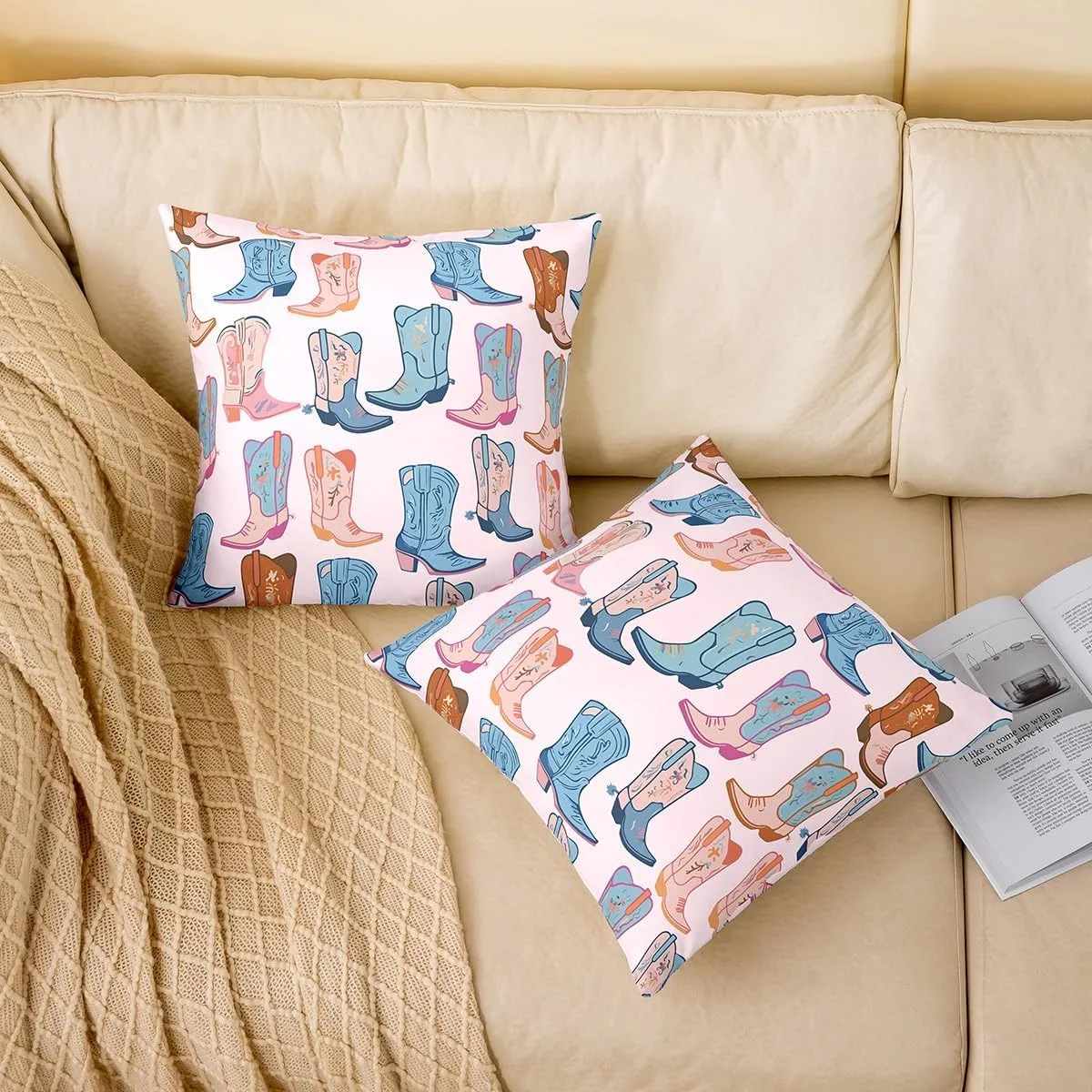 Pack of 4 Cartoon Blue Western Cowgirl ,Cowboy Boots 18x18 Inch Throw Pillow Covers Wild West Shoes Cushion Covers For Kids Girls Boys Reversible Bedroom Office Sofa Couch Living Room Cushion Cases
