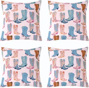 Pack of 4 Cartoon Blue Western Cowgirl ,Cowboy Boots 18x18 Inch Throw Pillow Covers Wild West Shoes Cushion Covers For Kids Girls Boys Reversible Bedroom Office Sofa Couch Living Room Cushion Cases