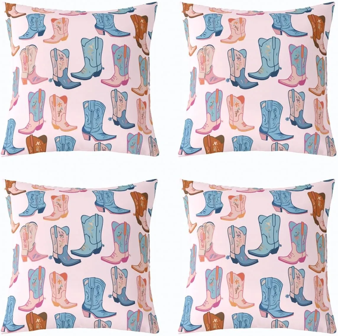 Pack of 4 Cartoon Blue Western Cowgirl ,Cowboy Boots 18x18 Inch Throw Pillow Covers Wild West Shoes Cushion Covers For Kids Girls Boys Reversible Bedroom Office Sofa Couch Living Room Cushion Cases