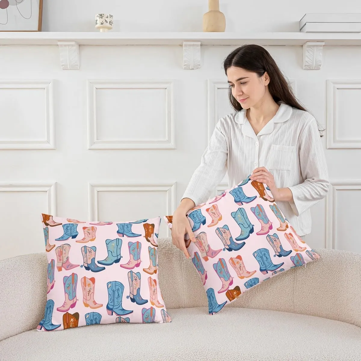 Pack of 4 Cartoon Blue Western Cowgirl ,Cowboy Boots 18x18 Inch Throw Pillow Covers Wild West Shoes Cushion Covers For Kids Girls Boys Reversible Bedroom Office Sofa Couch Living Room Cushion Cases