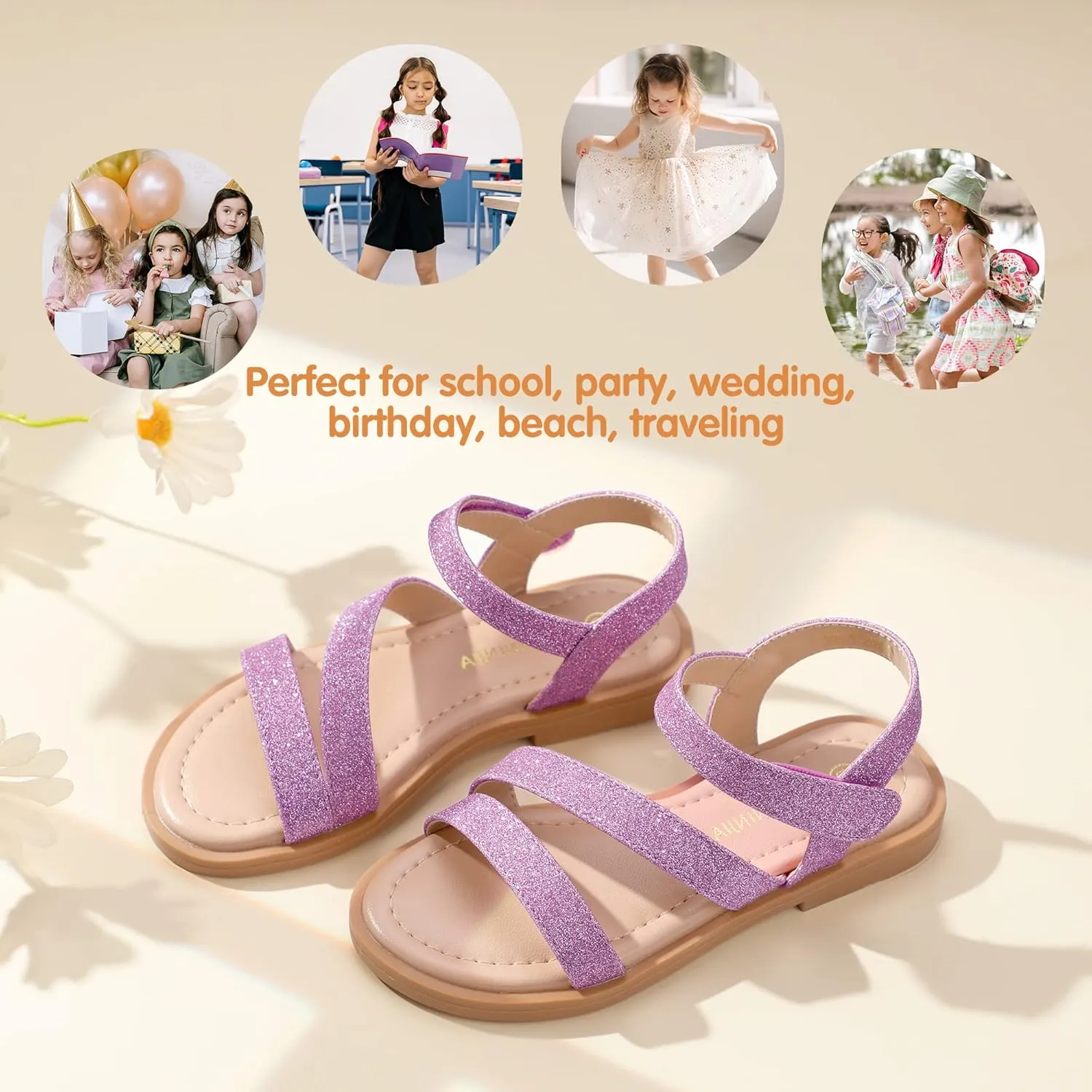 PANDANINJIA Girls Sandals Monica Summer Open Toe Flats Shoes Dress Sandals for Toddler Little Kid Big Kid