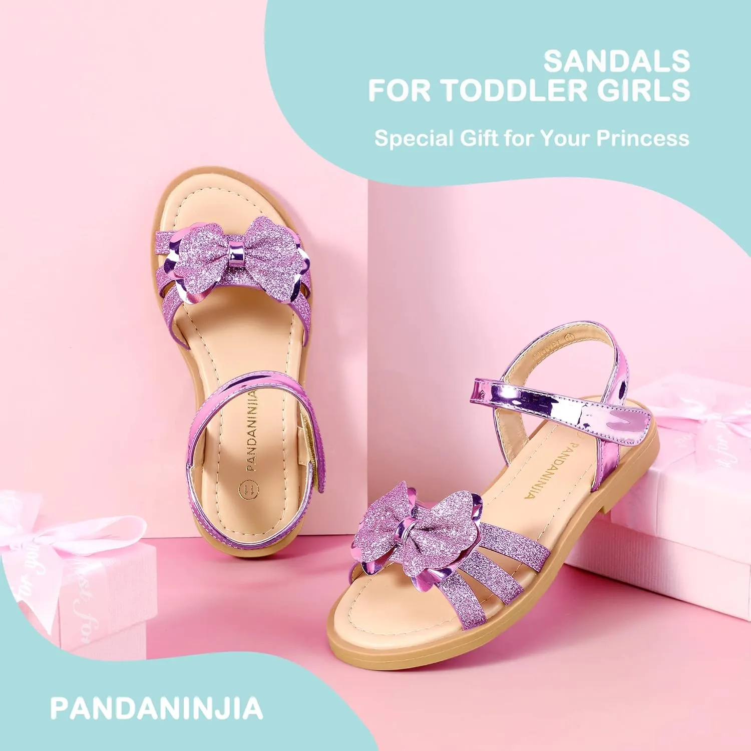 PANDANINJIA Girls Sandals, Open Toe Cute Bow Princess Girls Flats, Sparkly Summer Dress Shoes Sandals for Toddler/Little Kid/Big Kid