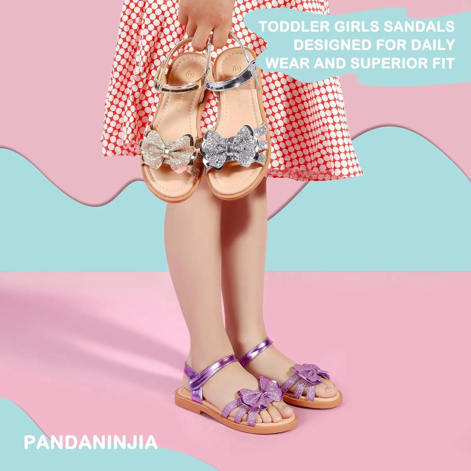 PANDANINJIA Girls Sandals, Open Toe Cute Bow Princess Girls Flats, Sparkly Summer Dress Shoes Sandals for Toddler/Little Kid/Big Kid