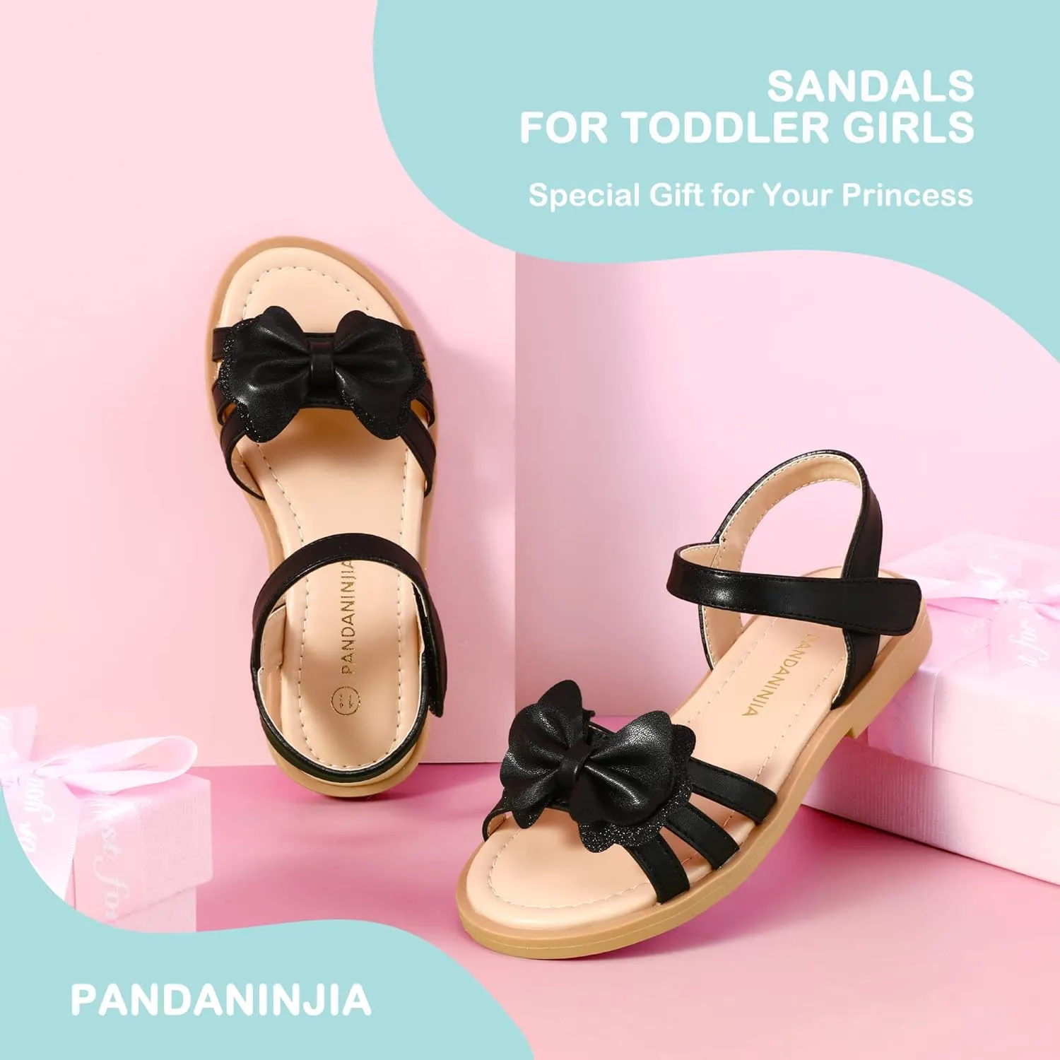 PANDANINJIA Girls Sandals, Open Toe Cute Bow Princess Girls Flats, Sparkly Summer Dress Shoes Sandals for Toddler/Little Kid/Big Kid