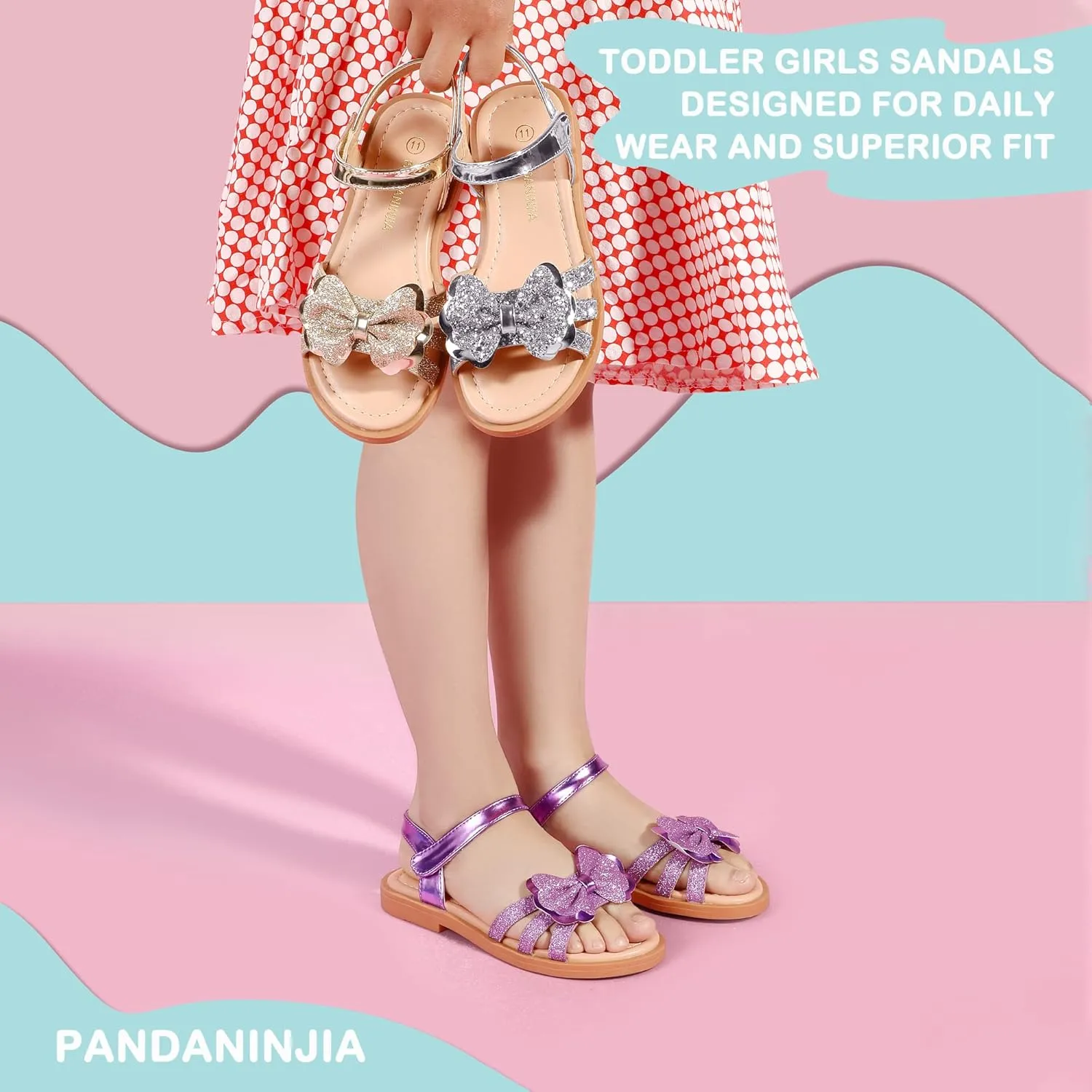 PANDANINJIA Girls Sandals, Open Toe Cute Bow Princess Girls Flats, Sparkly Summer Dress Shoes Sandals for Toddler/Little Kid/Big Kid
