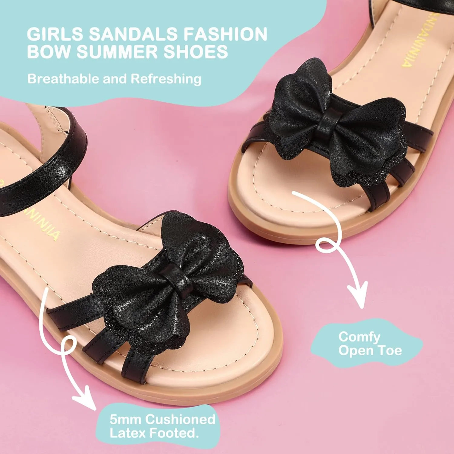 PANDANINJIA Girls Sandals, Open Toe Cute Bow Princess Girls Flats, Sparkly Summer Dress Shoes Sandals for Toddler/Little Kid/Big Kid