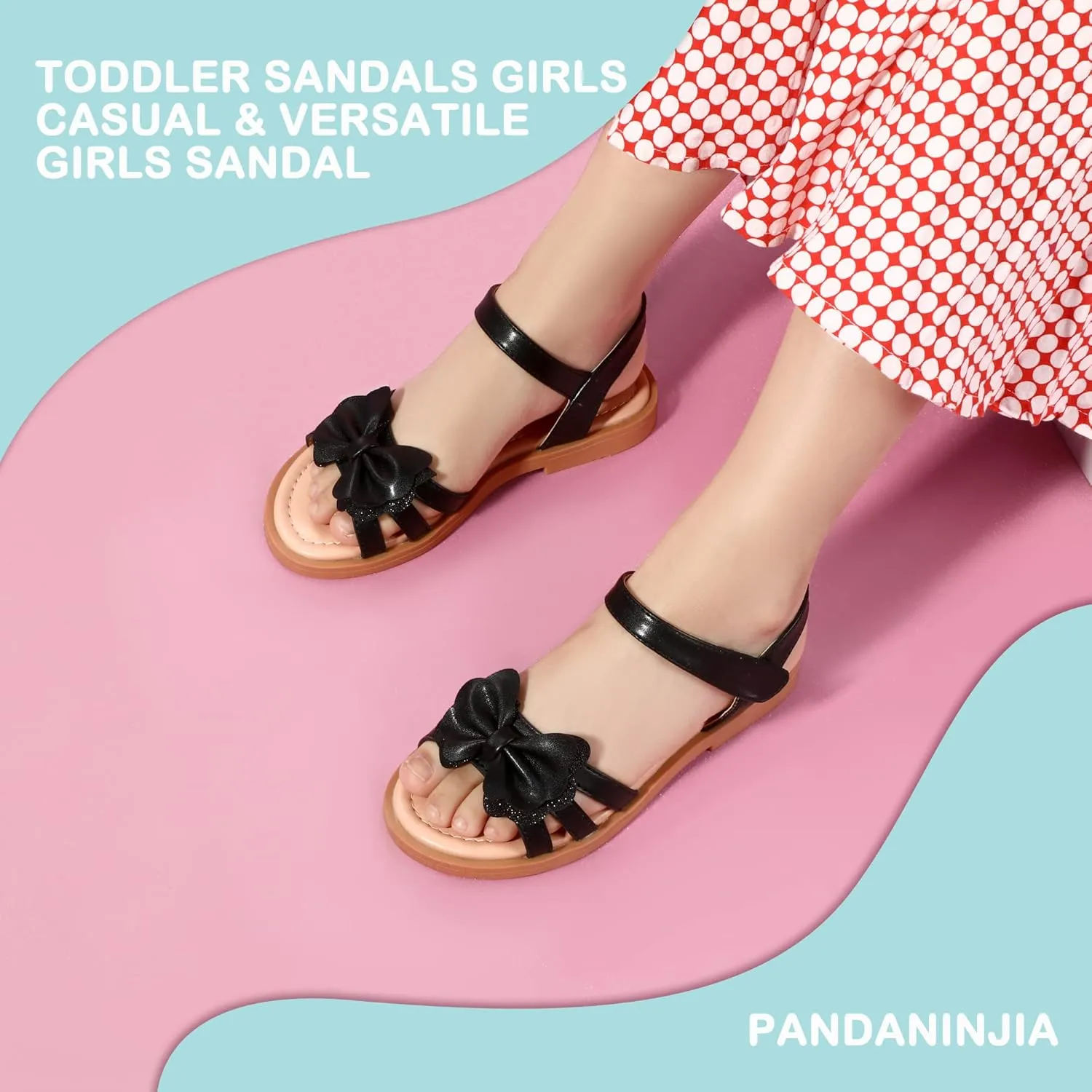 PANDANINJIA Girls Sandals, Open Toe Cute Bow Princess Girls Flats, Sparkly Summer Dress Shoes Sandals for Toddler/Little Kid/Big Kid