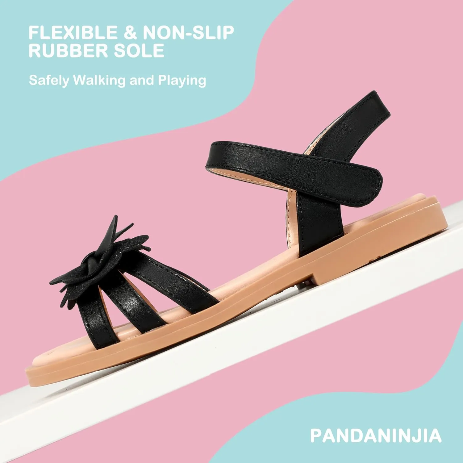 PANDANINJIA Girls Sandals, Open Toe Cute Bow Princess Girls Flats, Sparkly Summer Dress Shoes Sandals for Toddler/Little Kid/Big Kid