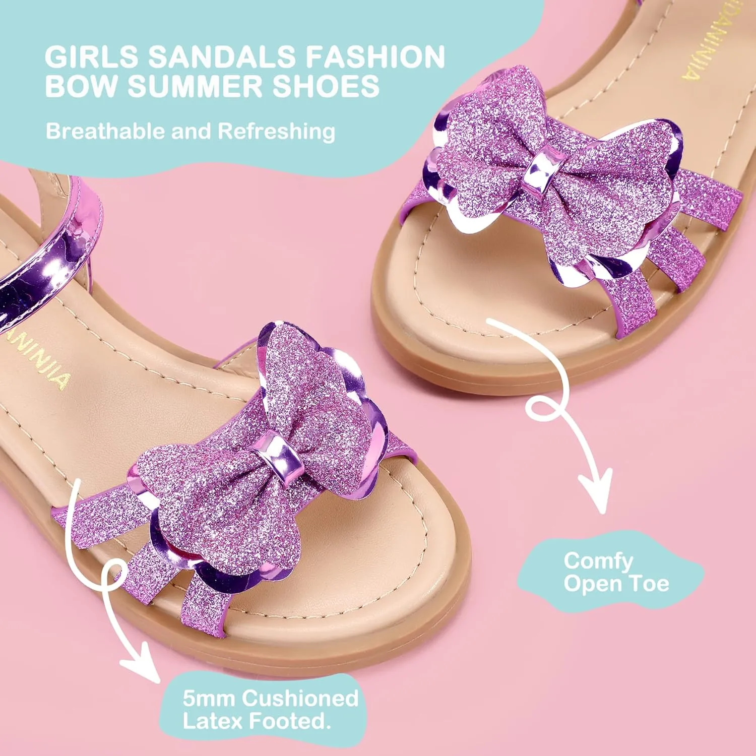 PANDANINJIA Girls Sandals, Open Toe Cute Bow Princess Girls Flats, Sparkly Summer Dress Shoes Sandals for Toddler/Little Kid/Big Kid
