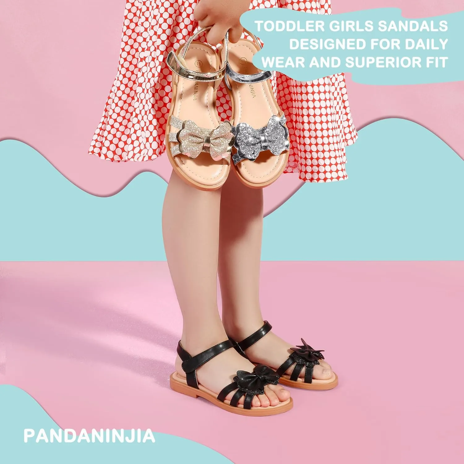 PANDANINJIA Girls Sandals, Open Toe Cute Bow Princess Girls Flats, Sparkly Summer Dress Shoes Sandals for Toddler/Little Kid/Big Kid