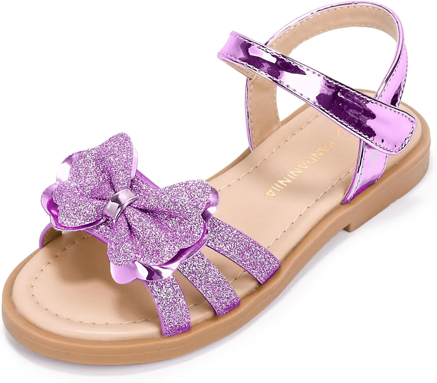 PANDANINJIA Girls Sandals, Open Toe Cute Bow Princess Girls Flats, Sparkly Summer Dress Shoes Sandals for Toddler/Little Kid/Big Kid