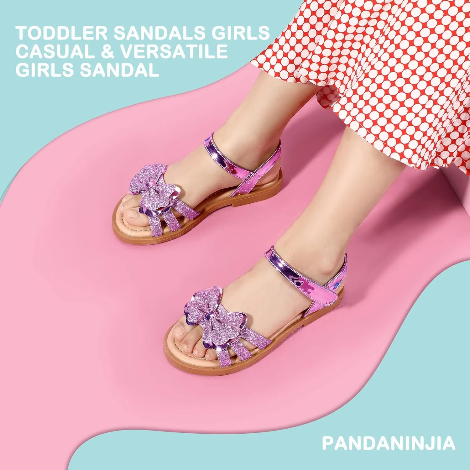 PANDANINJIA Girls Sandals, Open Toe Cute Bow Princess Girls Flats, Sparkly Summer Dress Shoes Sandals for Toddler/Little Kid/Big Kid