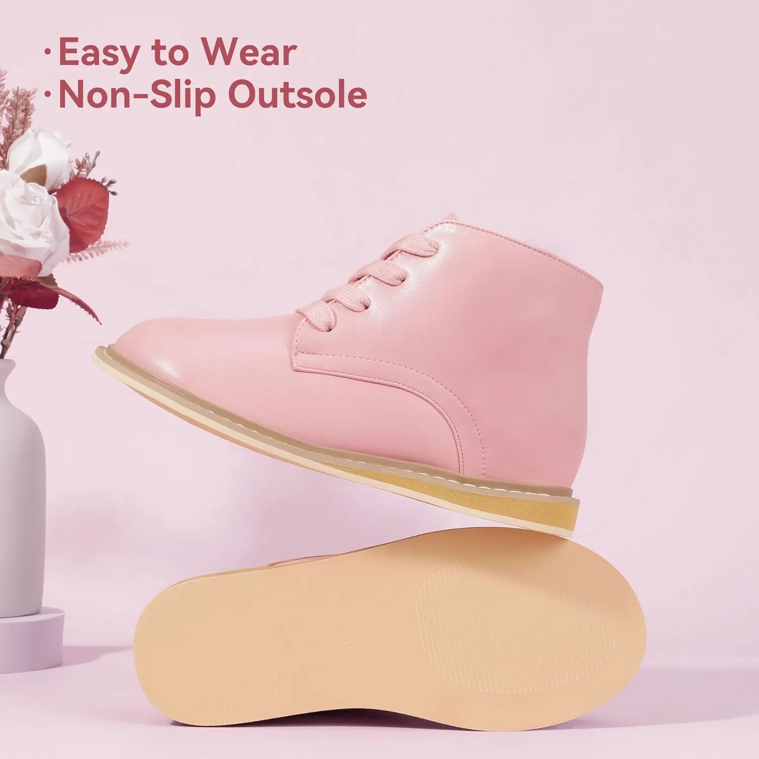 PANDANINJIA Toddler Girls Boots Kids Fashion Spring Fall Short Ankle Booties Comfort Lace Up Girl Flats Dress Shoes
