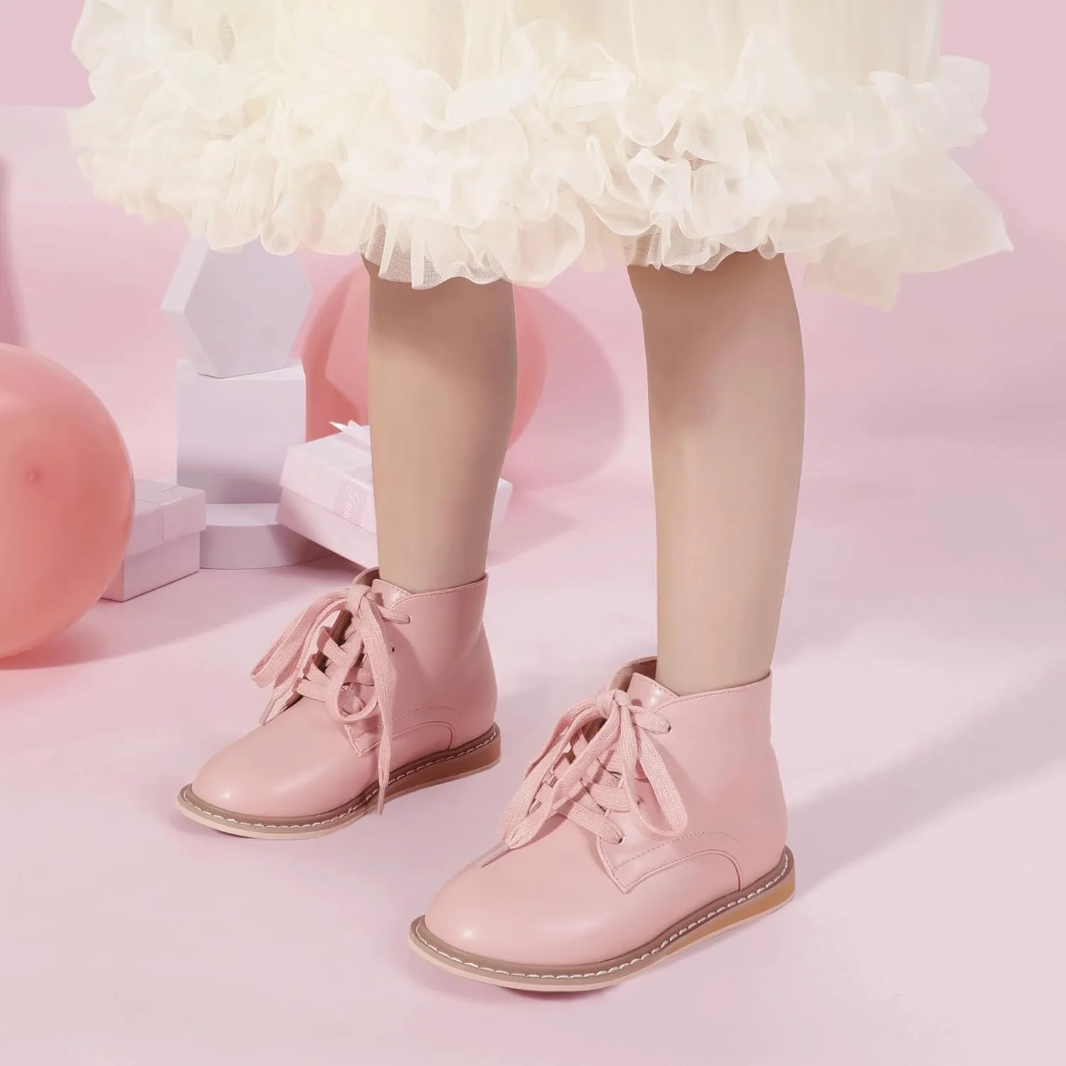 PANDANINJIA Toddler Girls Boots Kids Fashion Spring Fall Short Ankle Booties Comfort Lace Up Girl Flats Dress Shoes