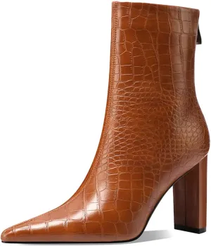 Pazzion Women Vintage Pointed Toe Crocodile Ankle Boots Chunky Block High Heels Zip Up Warm Short Booties Classic Office Dating Shoes Size 4-16 US