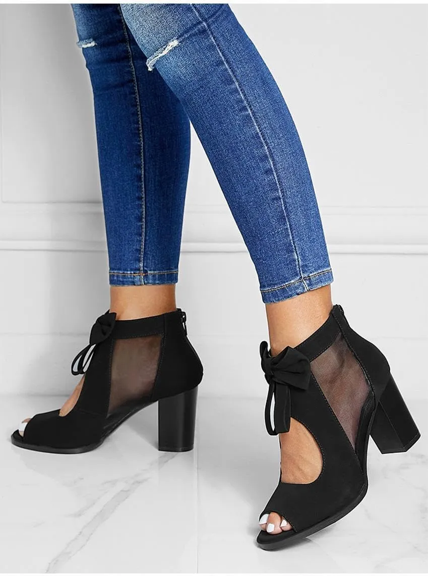 Peep Toe Chunky Block Heel Mesh Sandals Bowtie Cutout Back Zipper Sexy Ankle Boots Sandals Comfortable Dressy Date Business Party Shoes