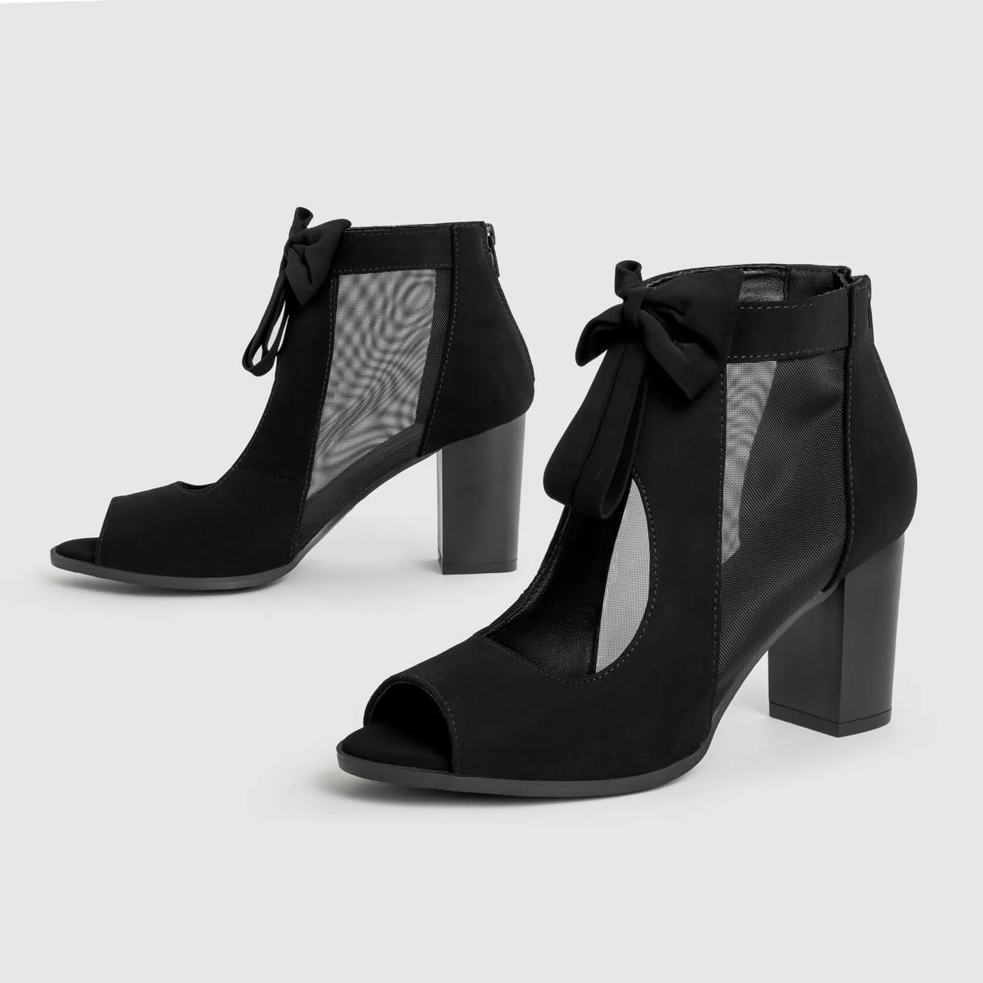 Peep Toe Chunky Block Heel Mesh Sandals Bowtie Cutout Back Zipper Sexy Ankle Boots Sandals Comfortable Dressy Date Business Party Shoes