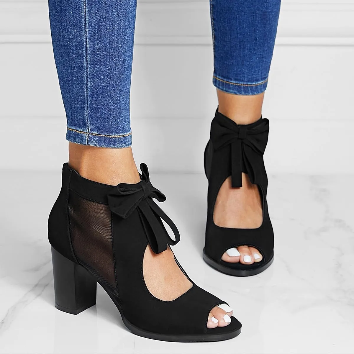 Peep Toe Chunky Block Heel Mesh Sandals Bowtie Cutout Back Zipper Sexy Ankle Boots Sandals Comfortable Dressy Date Business Party Shoes
