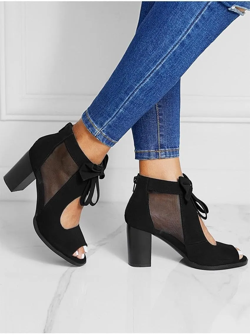 Peep Toe Chunky Block Heel Mesh Sandals Bowtie Cutout Back Zipper Sexy Ankle Boots Sandals Comfortable Dressy Date Business Party Shoes