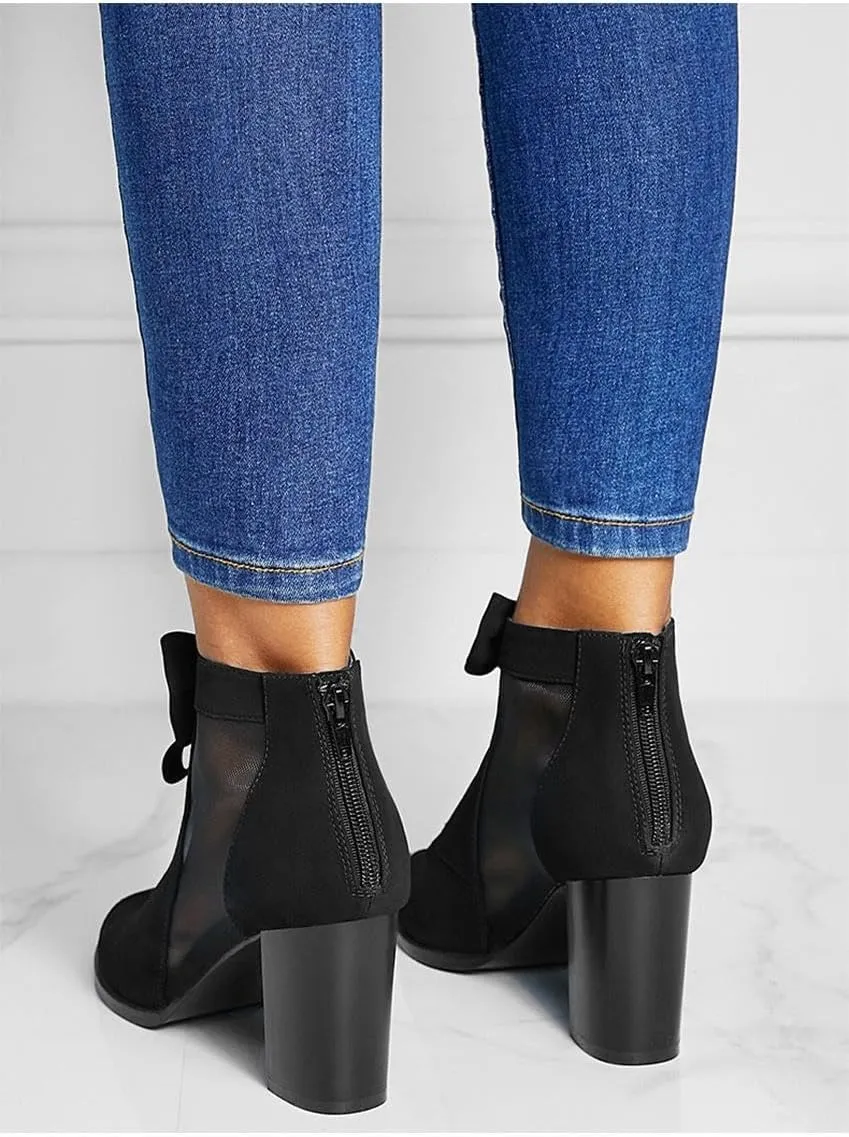 Peep Toe Chunky Block Heel Mesh Sandals Bowtie Cutout Back Zipper Sexy Ankle Boots Sandals Comfortable Dressy Date Business Party Shoes