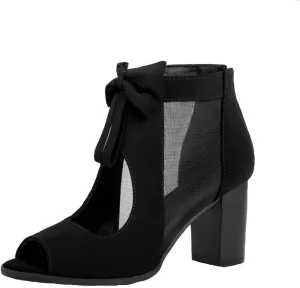 Peep Toe Chunky Block Heel Mesh Sandals Bowtie Cutout Back Zipper Sexy Ankle Boots Sandals Comfortable Dressy Date Business Party Shoes
