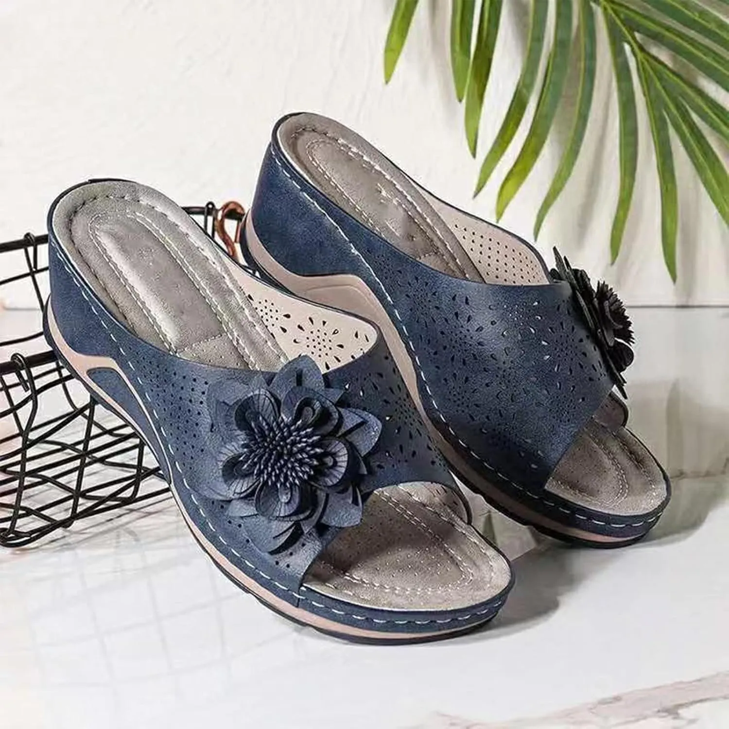 Pesine Women Leather Soft Footbed Orthopedic Arch-Support Sandals Floral Cutout Upper Shock Absorbtion Breathable Holes Arch Support Footbed Indoors Or Outdoors Slip On