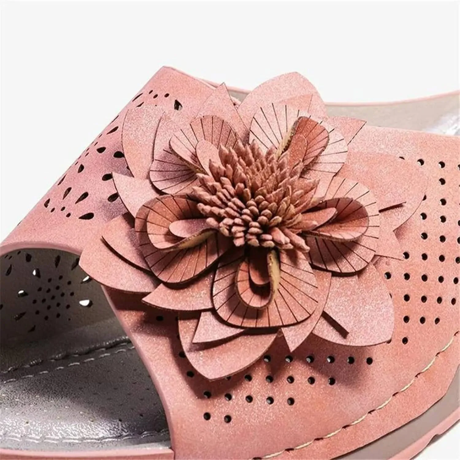 Pesine Women Leather Soft Footbed Orthopedic Arch-Support Sandals Floral Cutout Upper Shock Absorbtion Breathable Holes Arch Support Footbed Indoors Or Outdoors Slip On