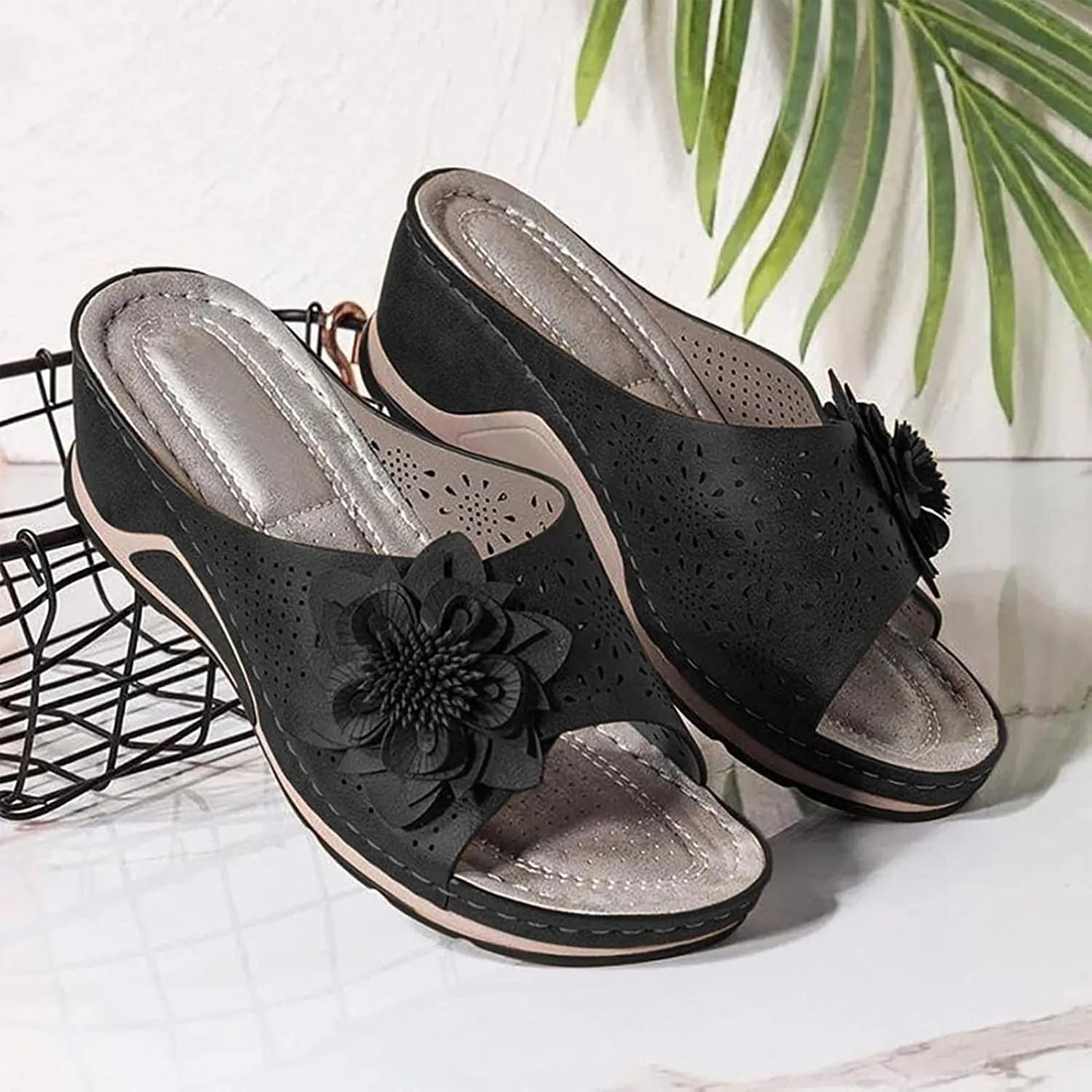 Pesine Women Leather Soft Footbed Orthopedic Arch-Support Sandals Floral Cutout Upper Shock Absorbtion Breathable Holes Arch Support Footbed Indoors Or Outdoors Slip On