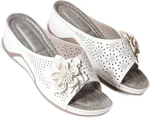 Pesine Women Leather Soft Footbed Orthopedic Arch-Support Sandals Floral Cutout Upper Shock Absorbtion Breathable Holes Arch Support Footbed Indoors Or Outdoors Slip On