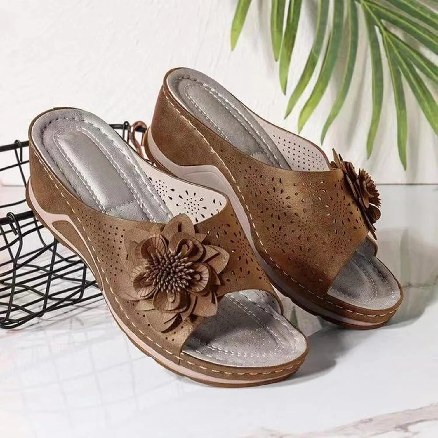 Pesine Women Leather Soft Footbed Orthopedic Arch-Support Sandals Floral Cutout Upper Shock Absorbtion Breathable Holes Arch Support Footbed Indoors Or Outdoors Slip On