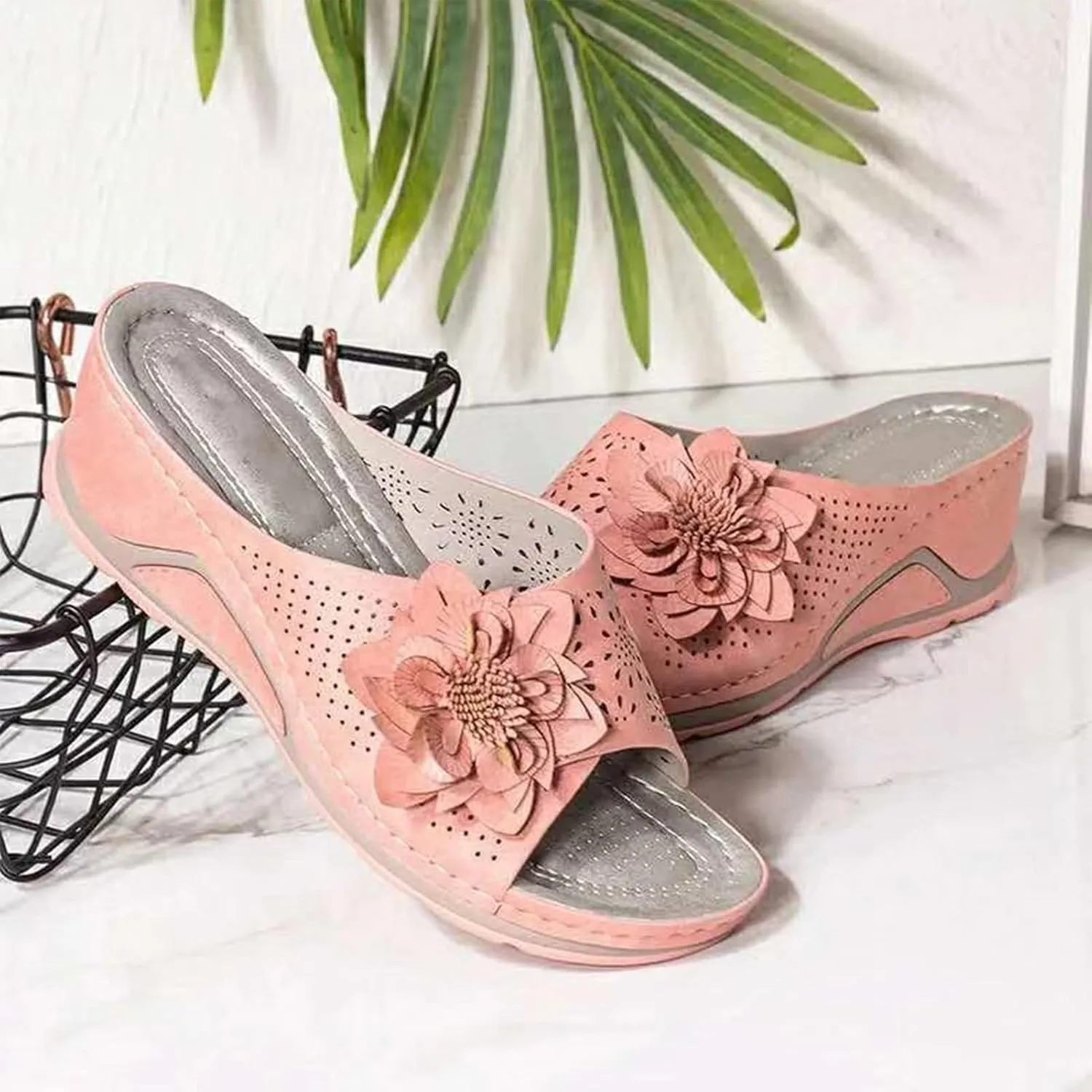 Pesine Women Leather Soft Footbed Orthopedic Arch-Support Sandals Floral Cutout Upper Shock Absorbtion Breathable Holes Arch Support Footbed Indoors Or Outdoors Slip On