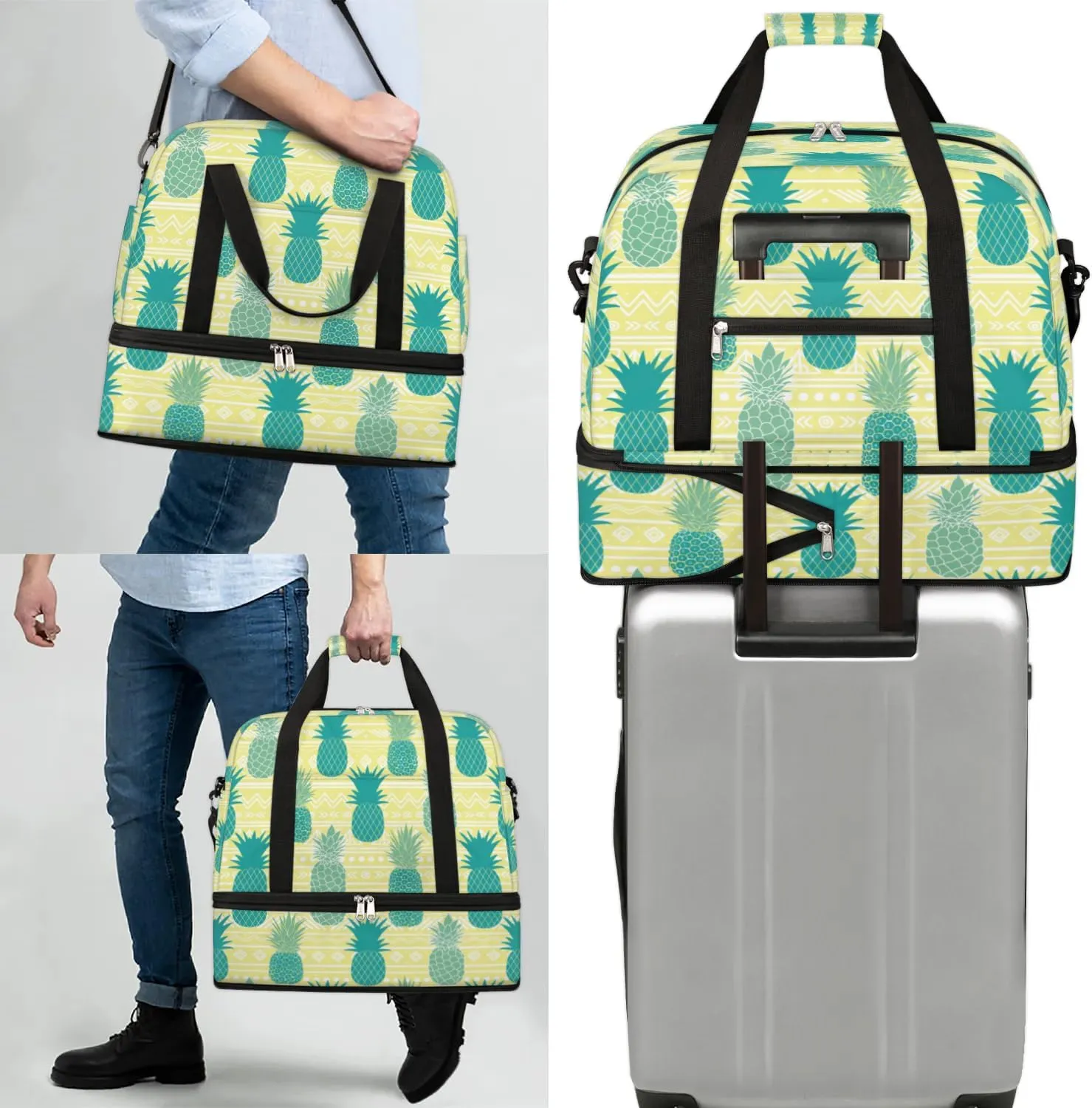 Pineapples Summer Print Sports Gym Bag with Shoes Compartment Foldable Travel Duffel Bag Dry Wet Separated Sports Tote Workout Weekender Overnight Bag for Women Yoga Dance Work Training Handbag
