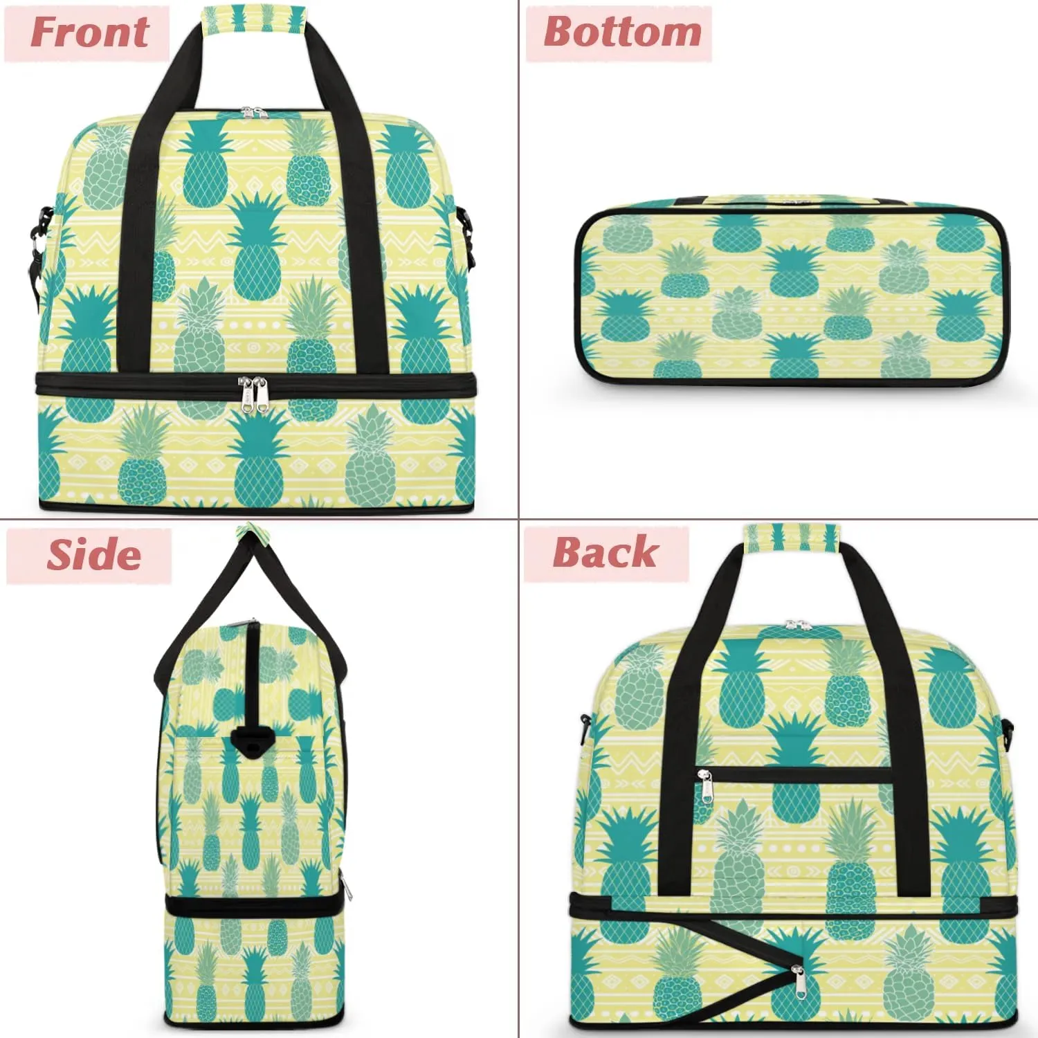 Pineapples Summer Print Sports Gym Bag with Shoes Compartment Foldable Travel Duffel Bag Dry Wet Separated Sports Tote Workout Weekender Overnight Bag for Women Yoga Dance Work Training Handbag