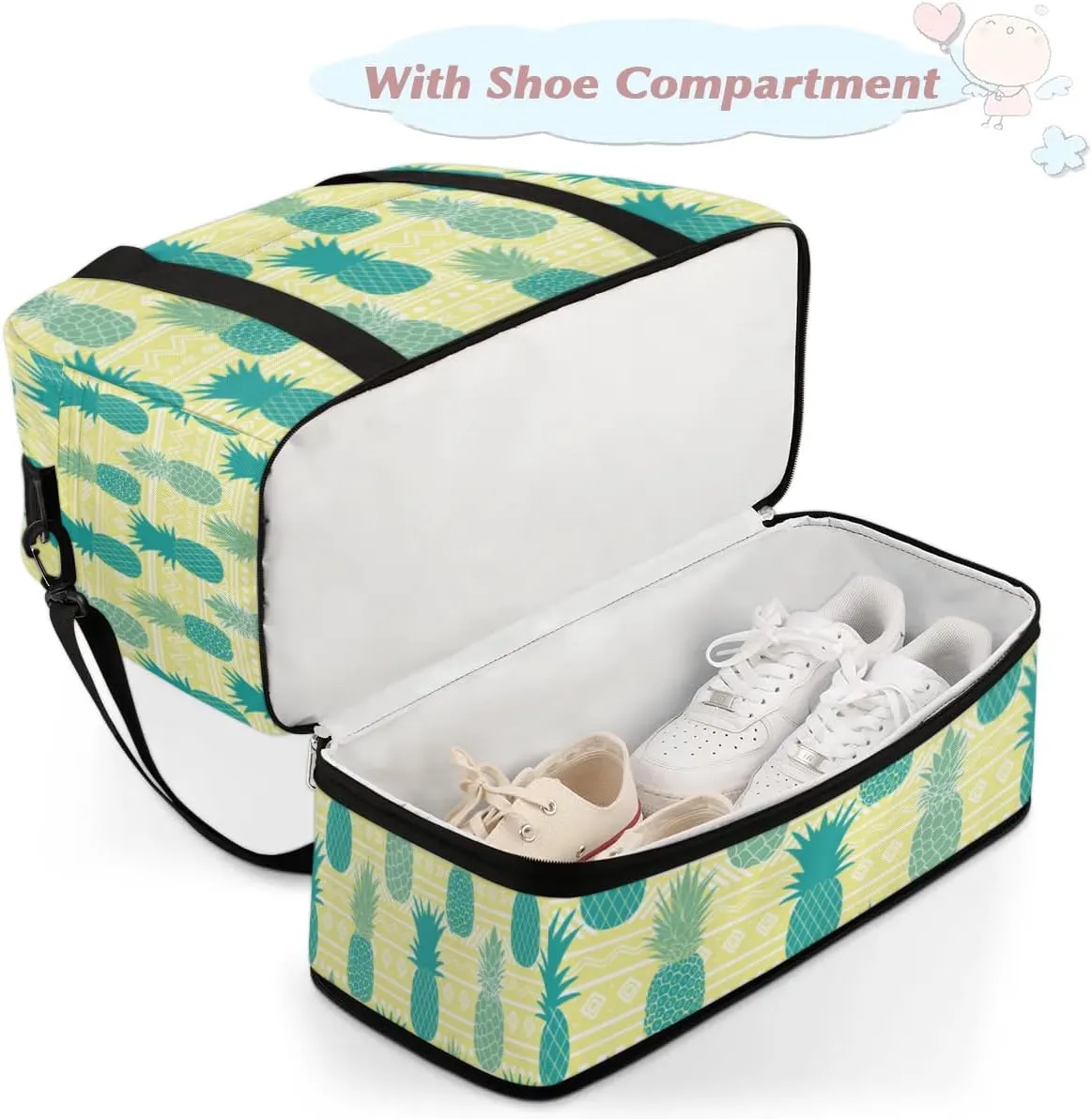 Pineapples Summer Print Sports Gym Bag with Shoes Compartment Foldable Travel Duffel Bag Dry Wet Separated Sports Tote Workout Weekender Overnight Bag for Women Yoga Dance Work Training Handbag