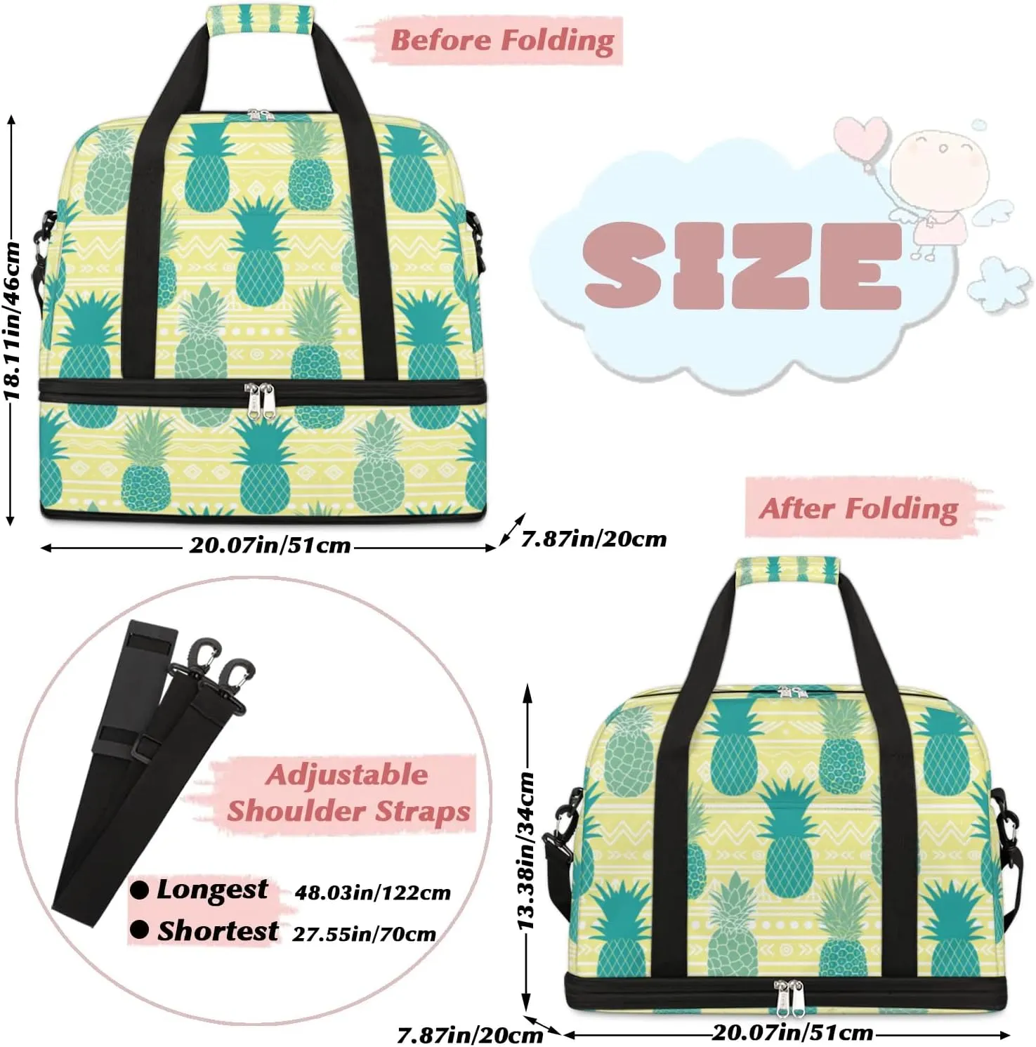 Pineapples Summer Print Sports Gym Bag with Shoes Compartment Foldable Travel Duffel Bag Dry Wet Separated Sports Tote Workout Weekender Overnight Bag for Women Yoga Dance Work Training Handbag