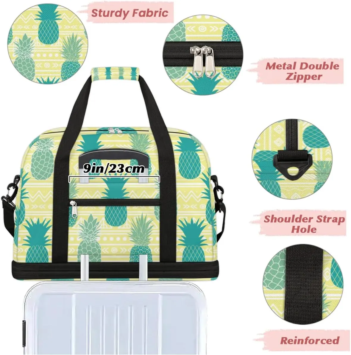 Pineapples Summer Print Sports Gym Bag with Shoes Compartment Foldable Travel Duffel Bag Dry Wet Separated Sports Tote Workout Weekender Overnight Bag for Women Yoga Dance Work Training Handbag