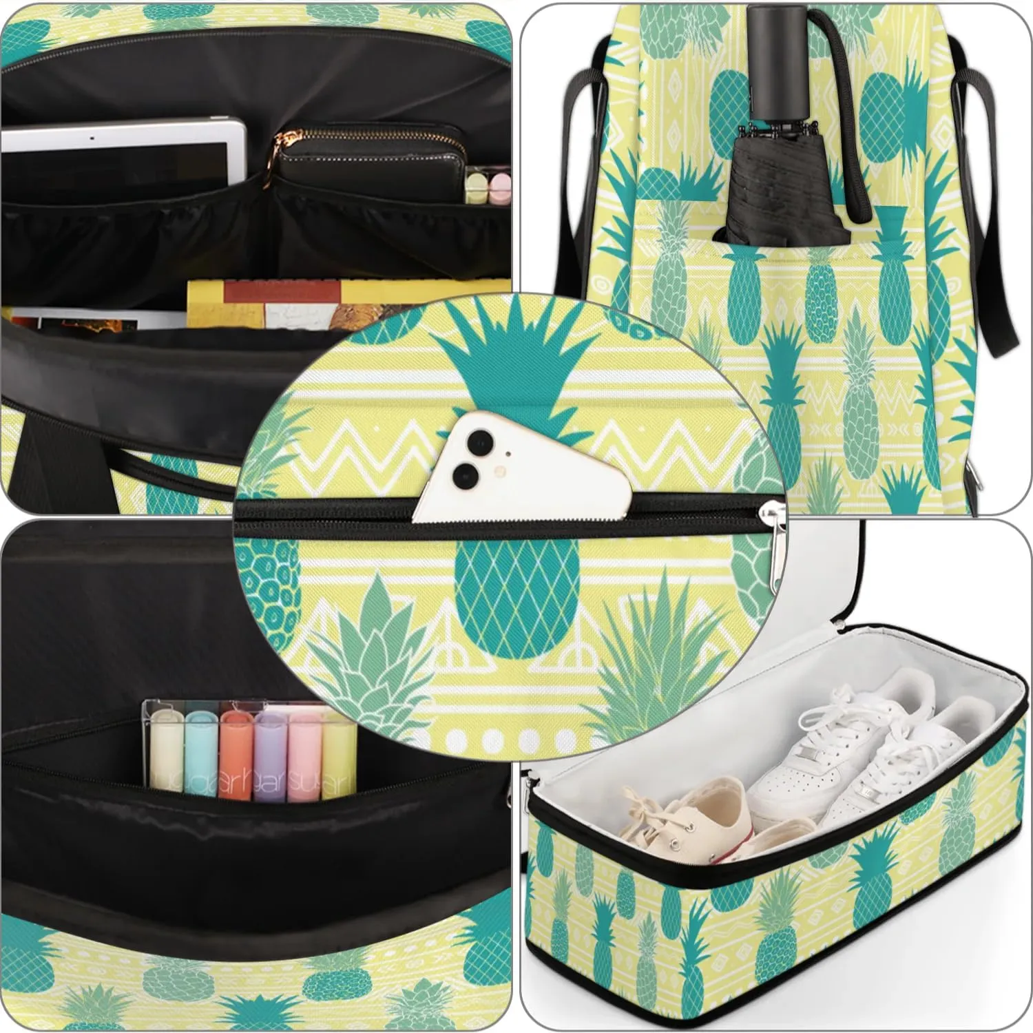 Pineapples Summer Print Sports Gym Bag with Shoes Compartment Foldable Travel Duffel Bag Dry Wet Separated Sports Tote Workout Weekender Overnight Bag for Women Yoga Dance Work Training Handbag
