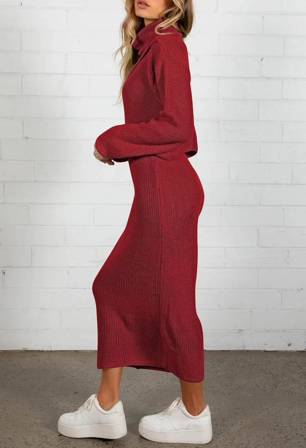 Pink Queen Women's Fall 2 Piece Sweater Set Rib Knit Long Sleeve Cross Criss Top Maxi Bodycon Skirt Casual Outfits