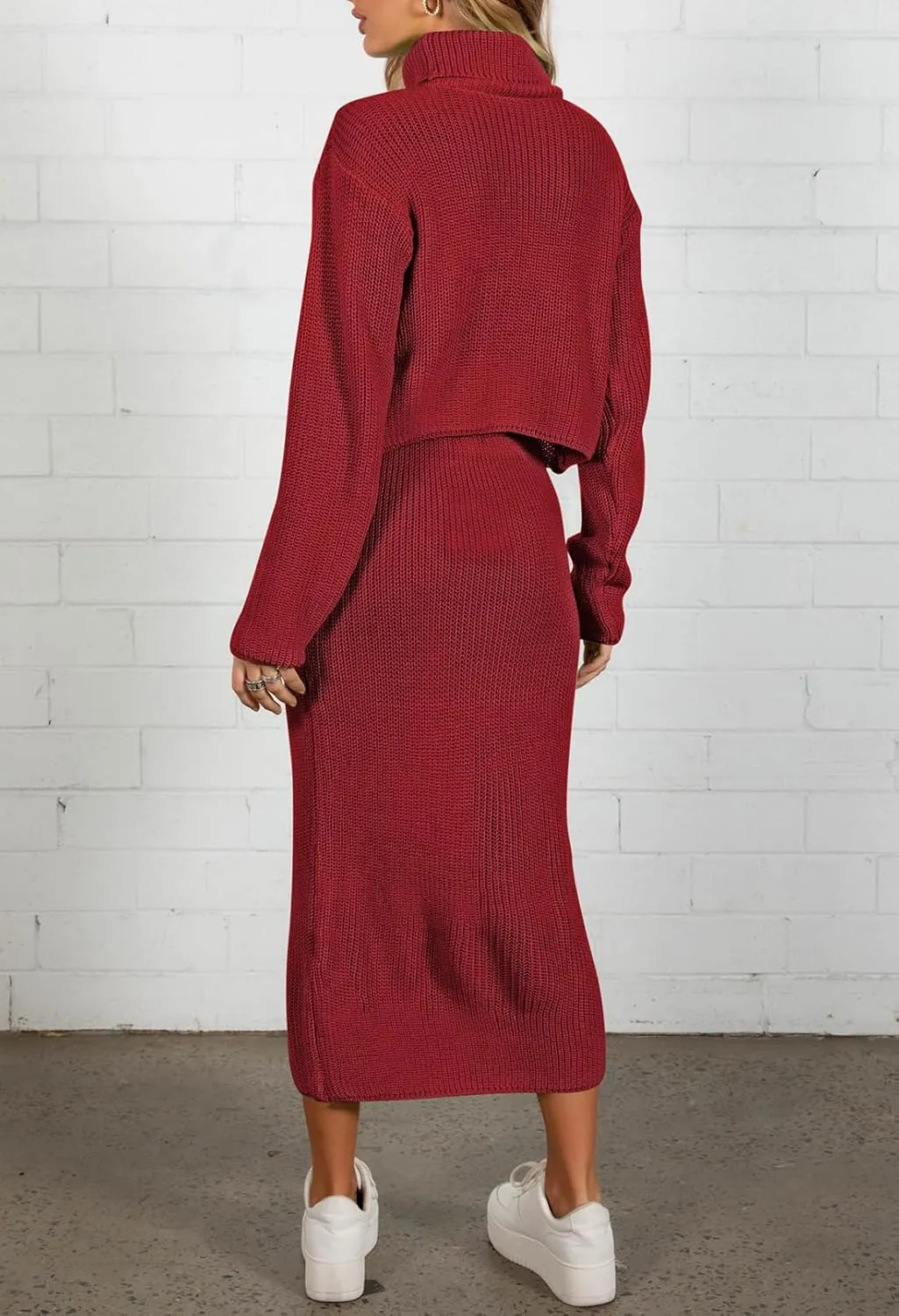 Pink Queen Women's Fall 2 Piece Sweater Set Rib Knit Long Sleeve Cross Criss Top Maxi Bodycon Skirt Casual Outfits