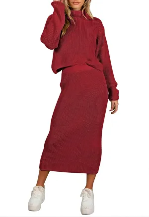 Pink Queen Women's Fall 2 Piece Sweater Set Rib Knit Long Sleeve Cross Criss Top Maxi Bodycon Skirt Casual Outfits