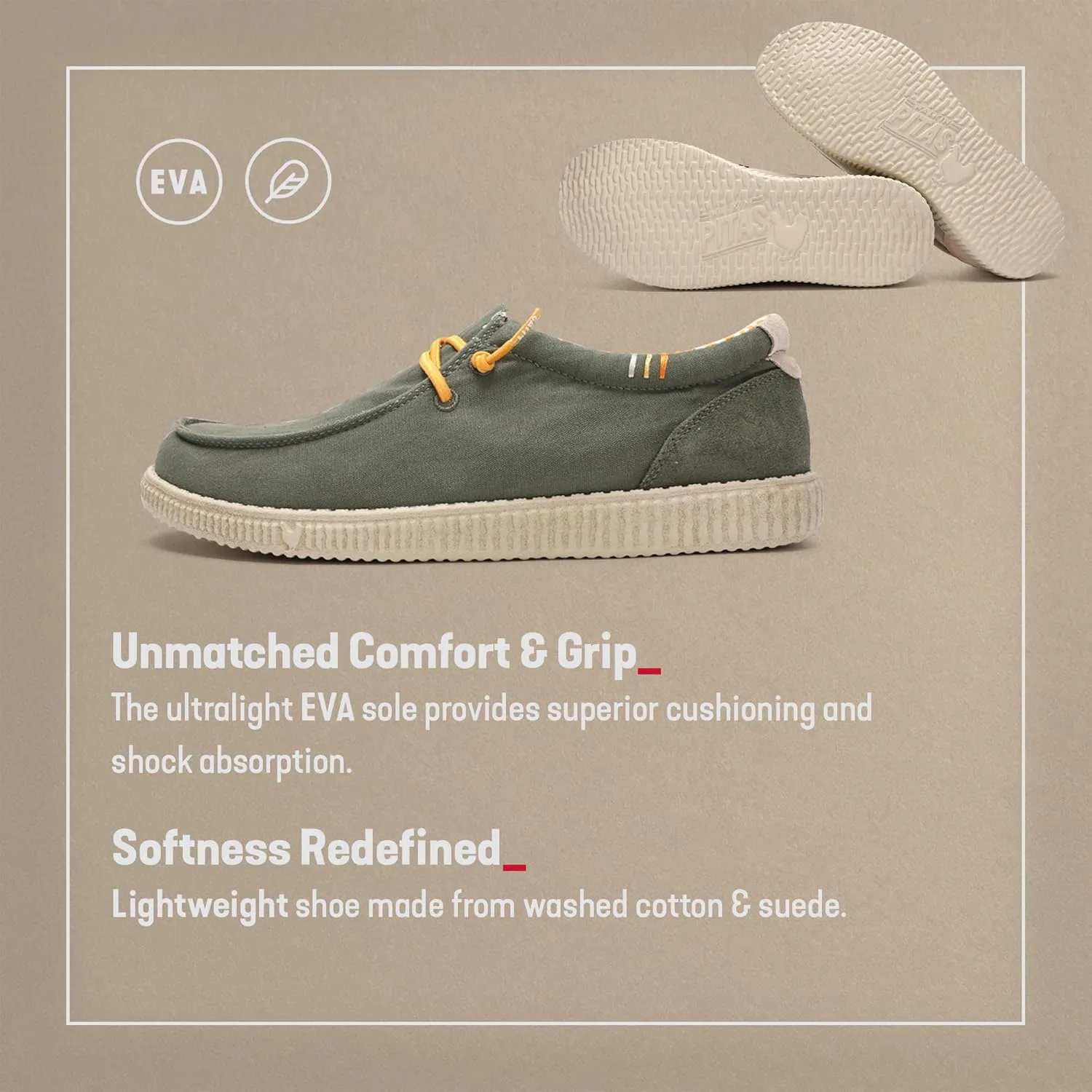 PITAS Ledro Men’s Casual Loafers | Cotton & Suede Upper | Lightweight & Comfortable Slip-On Shoes for Men | Khaki