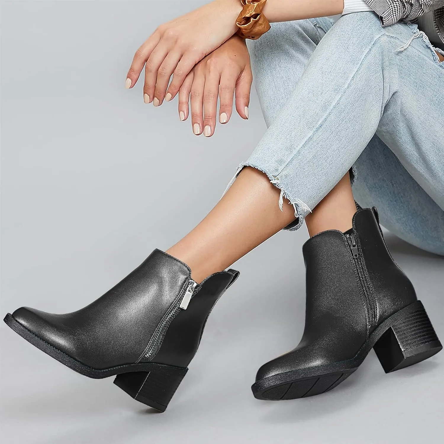 PIZZ ANNU Women's Fashion Ankle Boots Round Toe Low Chunky Block Heel Non-Slip Comfortable Short Boots Side Zipper Booties Shoes