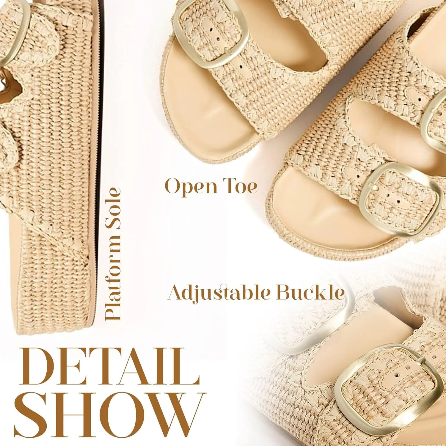 Platform Sandals For Women Raffia Espadrilles Open Toe Flatform Sandals Slip On Slide Sandals Casual Woven Sandals Summer Beach Sandals