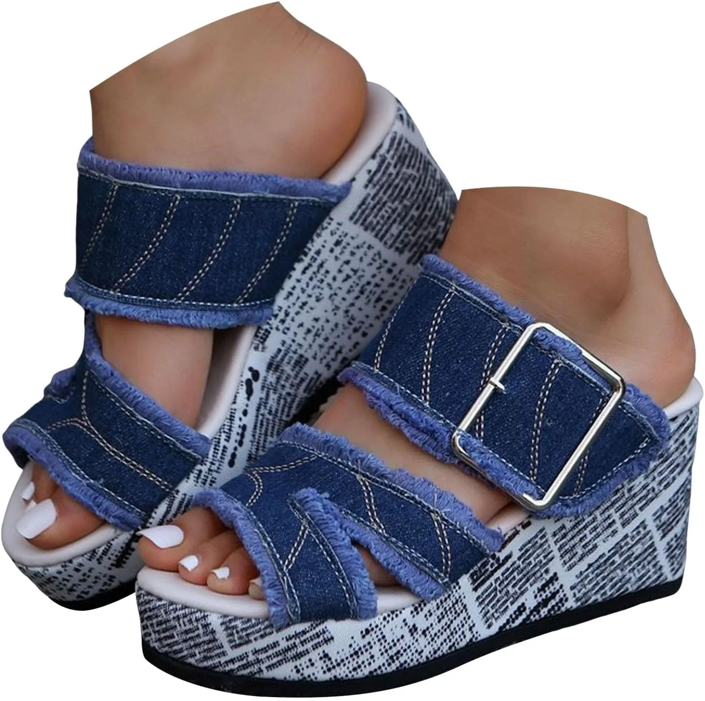 Platform Sandals Wide Width Denim Band Open Toe Women Wedge Sandals Soft Comfortable Women Summer Shoes