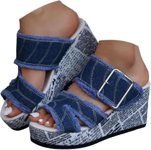 Platform Sandals Wide Width Denim Band Open Toe Women Wedge Sandals Soft Comfortable Women Summer Shoes