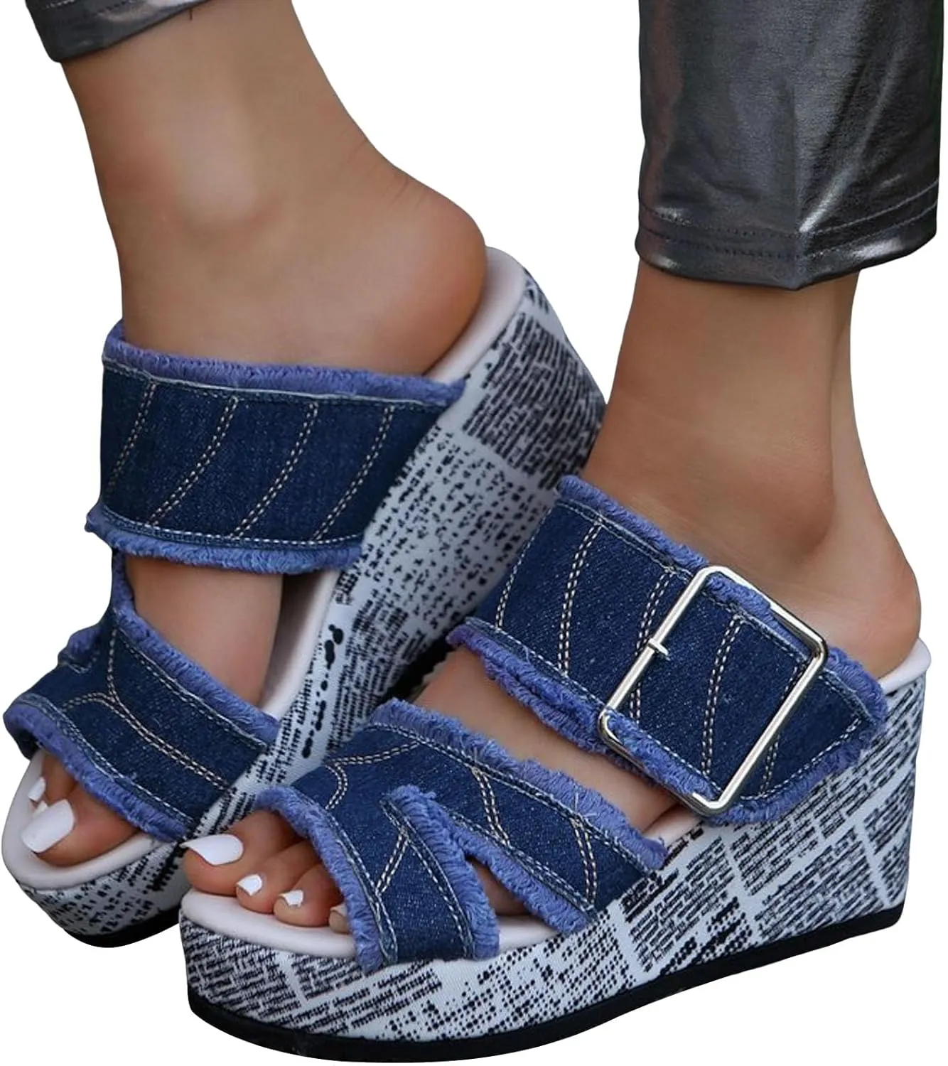 Platform Sandals Wide Width Denim Band Open Toe Women Wedge Sandals Soft Comfortable Women Summer Shoes